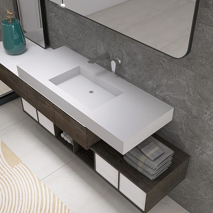 47"X19" Wall Mount Sink without Hole, Stone Bathroom Sink | Matte Bathroom Vanity Vessel Sinks, Artificial Stone Rectangle Floating Sink, Countertop Freestanding Wall Hang Sink Bowl