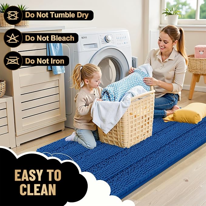 OLANLY Thick Bathroom Runner Rugs 44x24, Chenille Bath Rugs, Deep Navy Blue | Absorbent Striped, Rubber Backing, Machine Wash, Long Bath Mats for Bathroom Floor, Tub and Shower, Home Decor Accessories