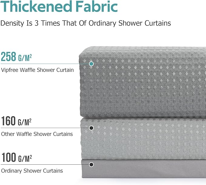 3 in 1 Shower Curtain Set, Waffle Shower Curtain and Liner Set with 6 Double Sided Shower Curtain Hooks, 258GSM Luxury Weighted Cloth Shower Curtain for Shower Stall, 36 W x 72 H, Grey