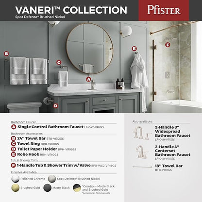 Pfister Vaneri Bathroom Sink Faucet, Single Control, 1-Handle, Single Hole, NSF Certified, Spot Defense Brushed Nickel Finish, LF042VRIGS