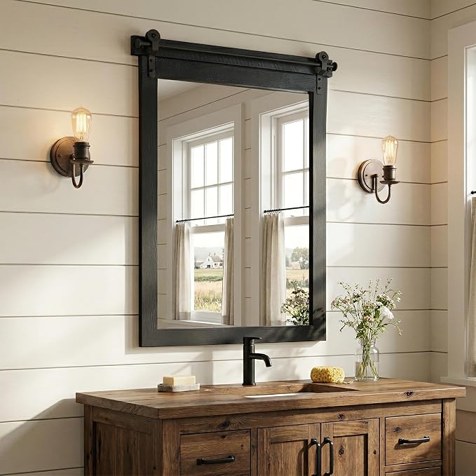 24"x36" Black Wood Grain Barn Door Vanity Mirror with Wood Header | 100% solid wood, HD tempered glass, bronze-tone iron rail; farmhouse vanity mirror for over sink, powder room, entryway