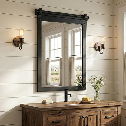 24"x36" Black Wood Grain Barn Door Vanity Mirror with Wood Header | 100% solid wood, HD tempered glass, bronze-tone iron rail; farmhouse vanity mirror for over sink, powder room, entryway