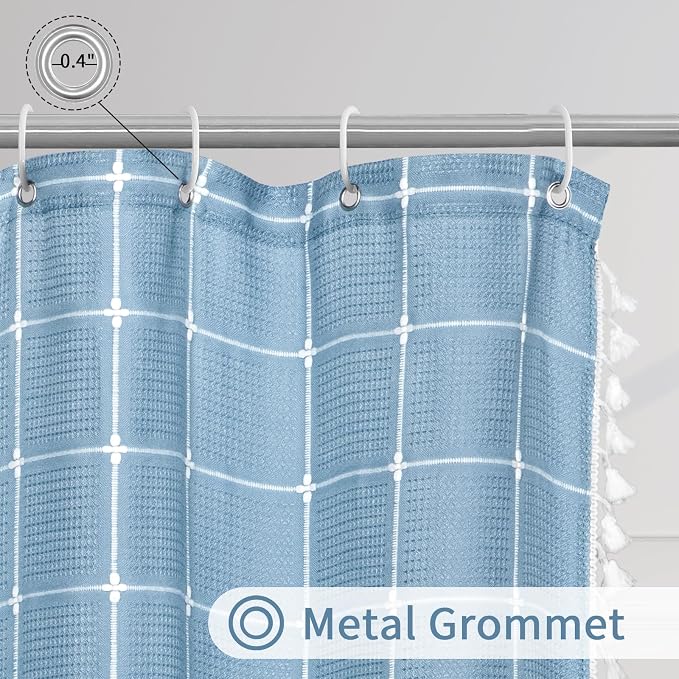 Blue Boho Farmhouse Shower Curtain with Tassels, Rustic Cottagecore Aesthetic Bohemian Chic Modern Bathroom Decor Thick Waffle Textured Fabric Shower Curtain Set with Hooks, 72x72 | 320 GSM French Country Plaid Tassel Shower Curtain, Rustic Aesthetic B...