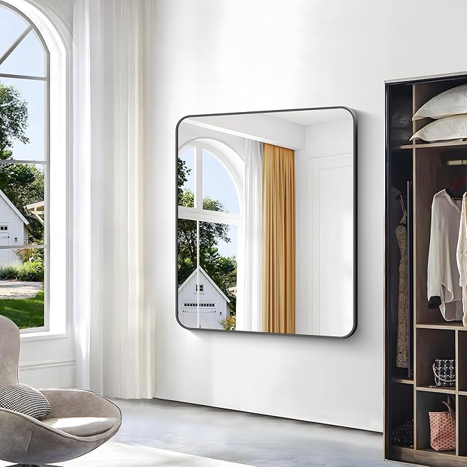 BONEWEI Black Bathroom Mirror,40x48 inch Wall Mirror for Bathroom Wall Mounted,Rectangle Mirror for Bathroom Over Sink,Modern Frame Round Corner for Living Room,Bedroom Entryway,Horizontal/Vertical