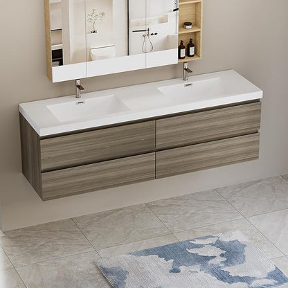 72 Inch Floating Bathroom Vanity with Double Sink, Modern Wall-Mounted Bathroom Vanity Storage Cabinet Organizer with Double Resin Top Basins and 4 Soft Close Drawers (Ash Grey)