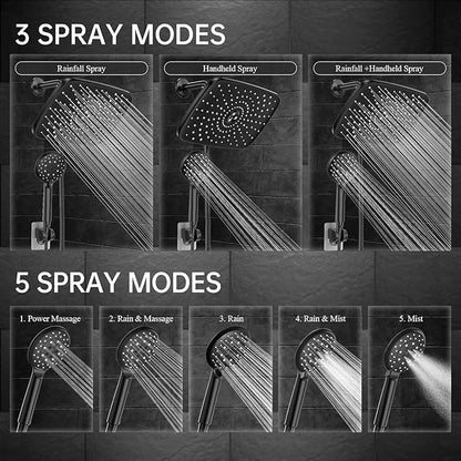 Veken 11.8“ Rain Shower Head with Handheld,Dual High Pressure Shower Heads | Easy Pause,5-mode Hand Held Spray with Hose,Wide Detachable Rainfall,Double Showerhead Combo,Bathroom Accessories,Matte Black