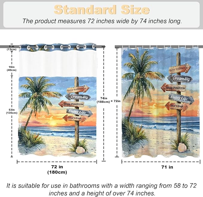 Beach Coastal Tropical No Hook Shower Curtain Luxury Aesthetic Palm Tree | Summer Art No Hook Shower Curtain with Snap in Liner, Waterproof Ringless Shower Curtains for Bathroom 72x74 Inch Colorful