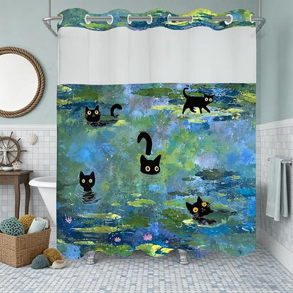 Accnicc Cute Cat No Hook Shower Curtain with Snap in Liner 71×74 Inch | Funny Fun Cool Cats Monet Hookless Shower Curtains, Water lilies Bath Curtain Decor, Waterproof Washable Polyester Fabric