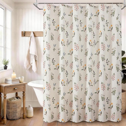 Colorful Star French Country Floral Linen Shower Curtain, 72" W x 72" L | Waterproof Shower Curtain Set with 12 Clear Hooks for Bathroom, Vintage Boho Farmhouse Linen Fabric Bathroom Curtains