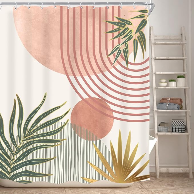 Mid Century Pink Green Boho Abstract Modern Bathroom Shower Curtain Set | 60Wx72L Orange design, waterproof HD print with fast-drying fabric and 12 hooks.