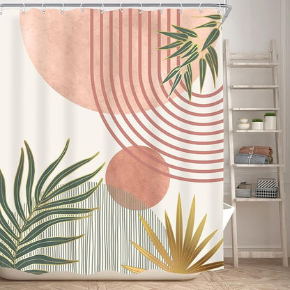 Mid Century Pink Green Boho Abstract Modern Bathroom Shower Curtain Set | 60Wx72L Orange design, waterproof HD print with fast-drying fabric and 12 hooks.
