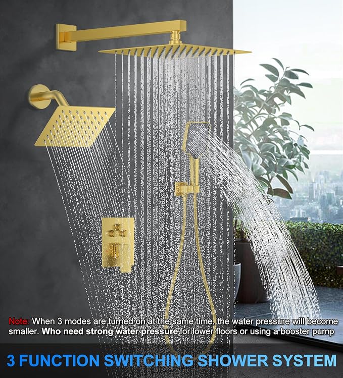 Woindo Shower Faucet Set, 10" Wall Mount Rainfall Shower System with 2 Rain Shower Head and Multi-function Handheld Head Push Button Diverter Shower Faucet Trim Kit