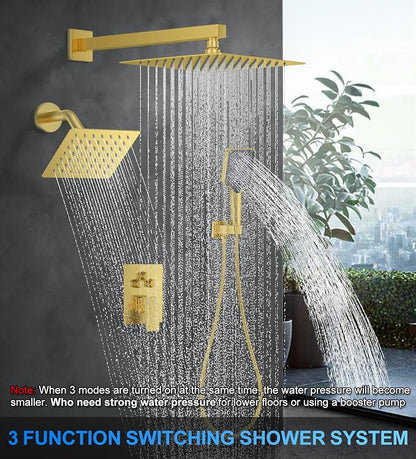 Woindo Shower Faucet Set, 10" Wall Mount Rainfall Shower System with 2 Rain Shower Head and Multi-function Handheld Head Push Button Diverter Shower Faucet Trim Kit