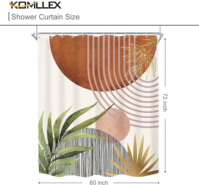 Mid Century Green Boho Abstract Modern Brown Bathroom Shower Curtain Set | 60Wx72L Plant Botanical design, waterproof HD print with fast-drying fabric and 12 hooks.