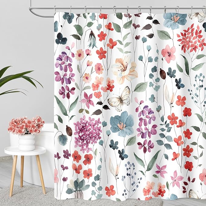 Colorful Floral Shower Curtain, Watercolor Flower Fabric Shower Curtain for Bathroom, Cute Wildflower Butterfly Cloth Shower Curtain Set with Hooks, 72x72
