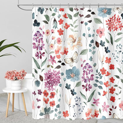 Long Shower Curtain 72 x 78 Inch, Tall Colorful Floral Shower Curtain for Bathroom, Watercolor Flower Butterfly Fabric Shower Curtain Set with Hooks