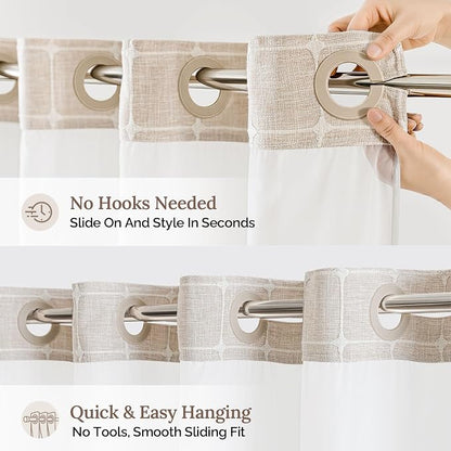 RiverDream Farmhouse No Hooks Shower Curtain with Snap-in Liner,Linen,71x80 | Snap on Fabric Liner,Heavy Duty,Quick Dry,Mesh Top Window,With Bottom Magnets,Washable,with Tassels,Long Size