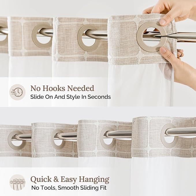 RiverDream Farmhouse No Hooks Shower Curtain with Snap-in Liner,Linen,71x86 | Snap on Fabric Liner,Heavy Duty,Quick Dry,Mesh Top Window,With Bottom Magnets,Washable,with Tassels,Extra Long Size