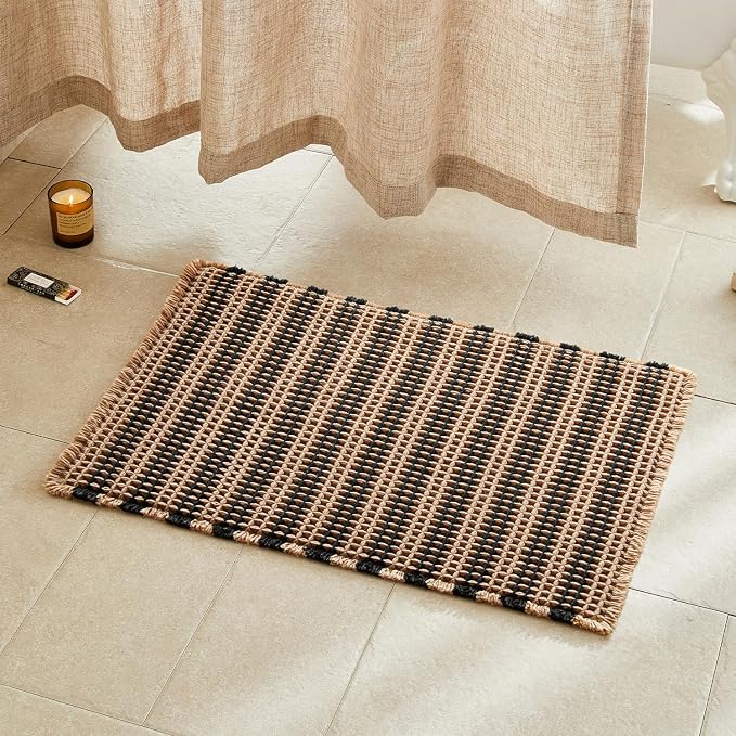 TYUU Waffle Bath Mat, Boho Bathroom Rugs Non Slip, 30x20 Black & Khaki | Super Absorbent Quick Dry Bath Rug, Non-Slip Backing, Soft Waffle Washable Farmhouse Bathroom Mats, Tub, Shower & Home Decor