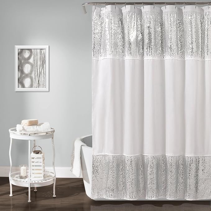 Lush Decor Shimmer Sequins Shower Curtain Single 70" W x 72" L Silver - Sequin Shower Curtains for Bathroom - Modern Glam Bathroom Curtains