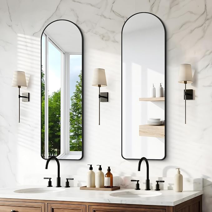 BONEWEI Arched Wall Mirror,16x48 inch Black Arched Mirror Bathroom,Vanity Mirror for Over Sink Metal Frame,Tempered Glass Arch Mirrors for Bedroom,Entryway,Living Room,Home Decor Shatter-Proof