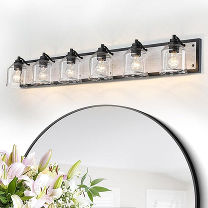 Vanity Lights for Bathroom Large 48 inch, Farmhouse Rustic Vanity Light with Bubble Glass Shades, Gray 6 Light Bathroom Lighting Fixtures Over Mirror, Bath Wall Sconce Home Decor