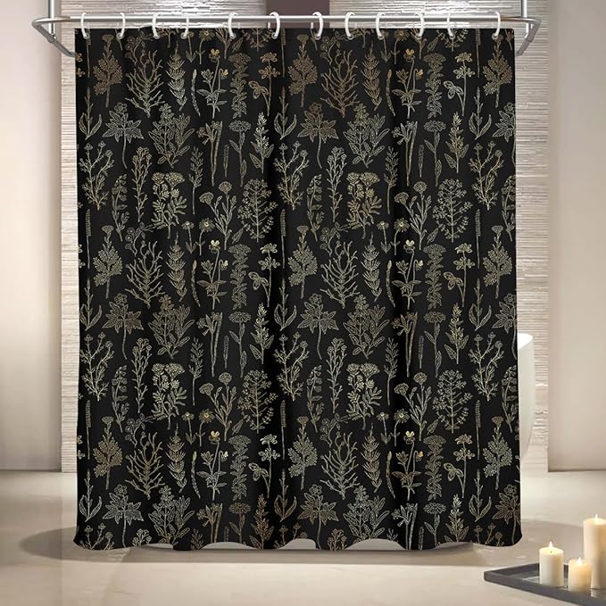 Coxila Vintage Floral Shower Curtain Black and Gold Boho Gothic Flower Aesthetic Whimsical Goth Moody Dark Botanical Witchy Nature Art Cottagecore Bathroom 60 x 72 Inch Polyester Fabric 12 Pack Hooks