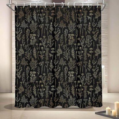 Coxila Vintage Floral Shower Curtain Black and Gold Boho Gothic Flower Aesthetic Whimsical Goth Moody Dark Botanical Witchy Nature Art Cottagecore Bathroom 60 x 72 Inch Polyester Fabric 12 Pack Hooks