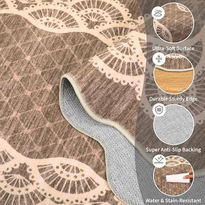 GarveeHome Washable Scalloped Rug 9x12 Area Rugs, Modern Neutral Living Room Rugs, Large Washable Farmhouse Carpet Abstract Bordered Carpet for Bedroom Apartment Table Dorm Nursery, Brown