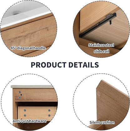 Henf 36" Wall Mounted Bathroom Vanity with Ceramic Sink, Modern Floating Oak Bathroom Vanity Cabinet with 2 Soft Close Drawers & Open Storage Shelf