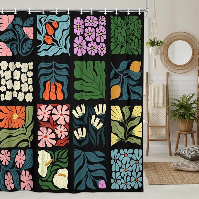 JAWO Retro Shower Curtain Vintage Abstract Cute Boho Floral Shower Curtains for Bathroom Decor Black Blue Botanical Geometric Groovy Aesthetic Pattern Shower Curtain Sets with Hooks, 70X70IN