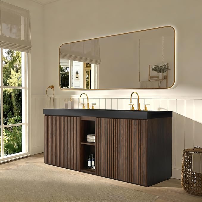 72" Bathroom Vanity with Double Sink, Freestanding Double Sink Bathroom Vanity with Black Engineered Stone Top, Open Storage Cabinet & Adjustable Shelf, 4 Soft-Closing Doors, Walnut