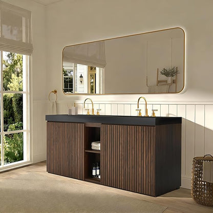 72" Bathroom Vanity with Double Sink, Freestanding Double Sink Bathroom Vanity with Black Engineered Stone Top, Open Storage Cabinet & Adjustable Shelf, 4 Soft-Closing Doors, Walnut