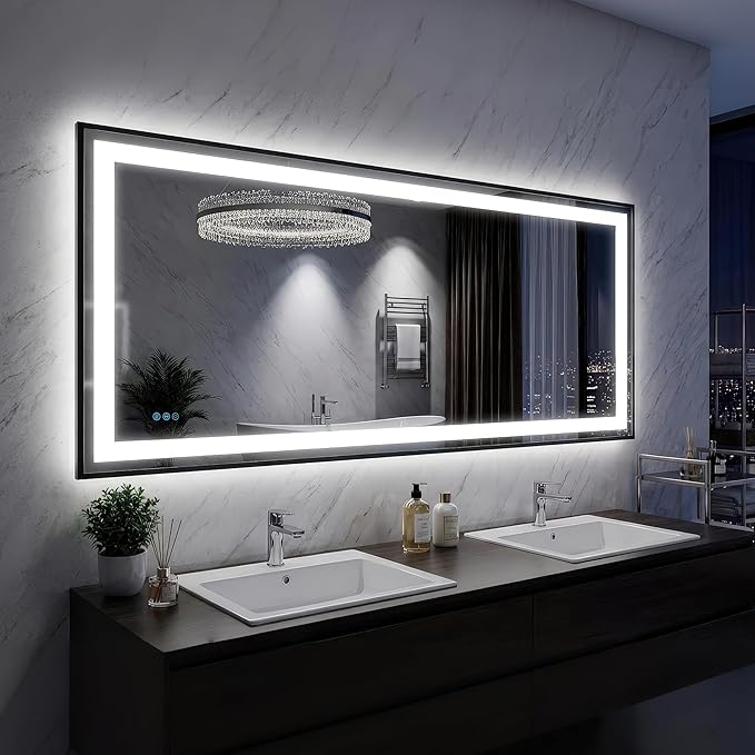 Antok 60X30 LED Bathroom Mirror with Lights, Vanity Mirror for Wall with Black Frame, Touch Control, Anti-Fog, Dimmable Lights, Shatter-Proof, Memory Function, Wall-Mounted Vanity Mirrors