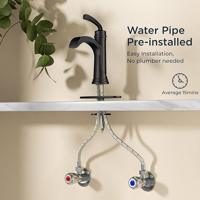 Forious Black Bathroom Sink Faucet Single Handle One Hole Antique Waterfall Bathroom Faucet with Metal Pop Up Drain and Deck Plate for Lavatory Vanity Farmhouse RV