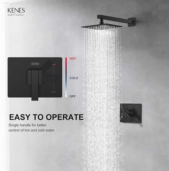 KENES Matte Black Shower Faucet Set, Square Shower Head and Handle Set | Shower Faucet with 10-Inch Rain Shower Head, Square Shower System, Valve Included, Lead-Free cUPC & NSF Certified, Stainless