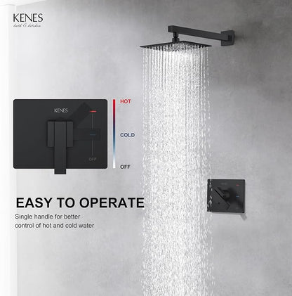 KENES Matte Black Shower Faucet Set, Square Shower Head and Handle Set | Shower Faucet with 10-Inch Rain Shower Head, Square Shower System, Valve Included, Lead-Free cUPC & NSF Certified, Stainless