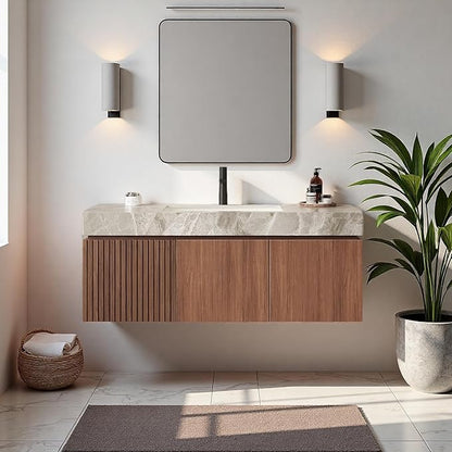 48" Bathroom Vanity with Sink, Wall-Mounted Plywood Bathroom Storage Cabinet with Ceramic Basin & Sintered Stone Countertop, Modern Pre-Assembled Floating Vanity with Drawer & Door, Brown Oak
