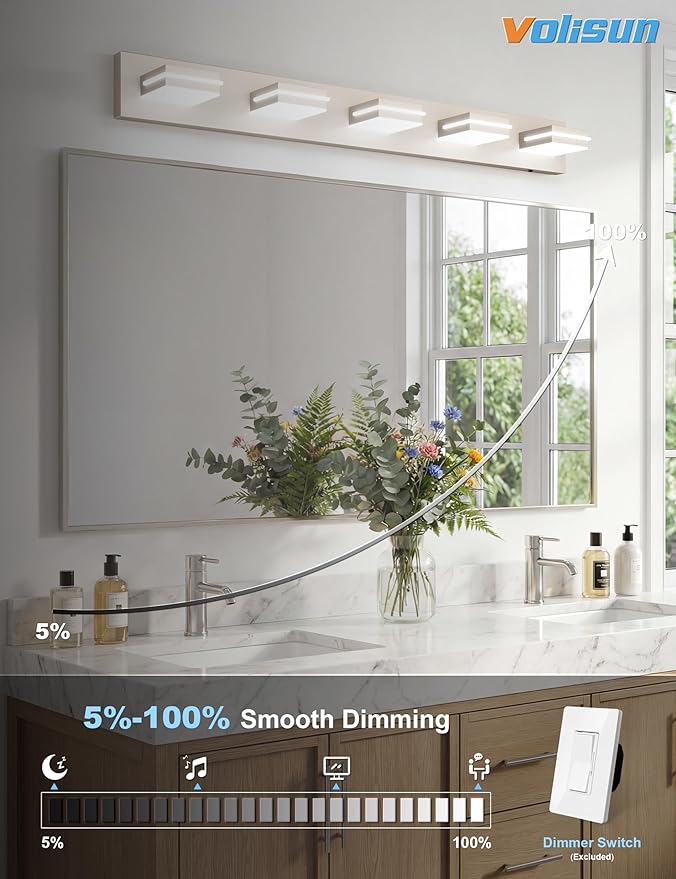 VOLISUN Modern Bathroom Vanity Light Fixtures (5-Light, 40-Inch), 5CCT Dimmable Bathroom Light Fixtures Over Mirror, 360°Rotatable Head, Brushed Nickel LED Vanity Lights for Bathroom-ETL Certificated