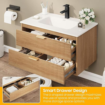 Vabches 24 Inch Bathroom Vanity with Sink, Wood Grain Wall Mounted Vanity with 2 Storage Darwers, Floating Bathroom Vanity with Storage, Bathroom Floating Vanity with Sink, Faucet, Drain, Oak