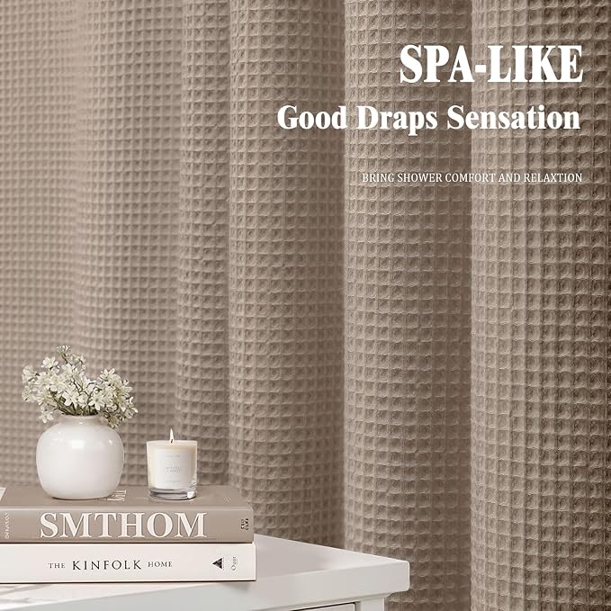 Waffle Weave Shower Curtain Heavyweight Cotton Fabric Beige 72Wx72L | Soft Cotton Cloth,3D Square Truely Waffle Washable, Hotel Luxury Spa, Shower Curtain Set for Bathroom 12 Plastic Hooks