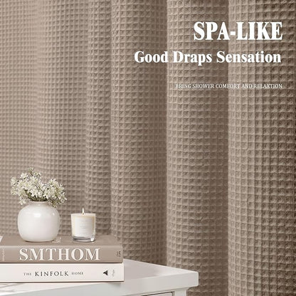 Waffle Weave Shower Curtain Heavyweight Cotton Fabric Beige 72Wx72L | Soft Cotton Cloth,3D Square Truely Waffle Washable, Hotel Luxury Spa, Shower Curtain Set for Bathroom 12 Plastic Hooks