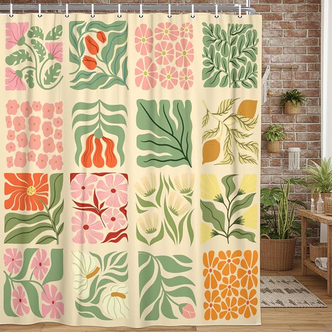 JAWO Retro Shower Curtain Vintage Abstract Boho Floral Shower Curtains for Bathroom Decor Pink Yellow Botanical Geometric Groovy Aesthetic Pattern Shower Curtain Sets with Hooks,70X70IN