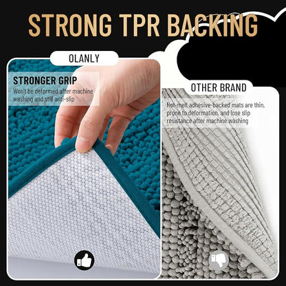 OLANLY Thick Bathroom Runner Rugs 47x24, Chenille Bath Rugs, Peacock Blue | Absorbent Striped, Rubber Backing, Machine Wash, Long Bath Mats for Bathroom Floor, Tub and Shower, Home Decor Accessories
