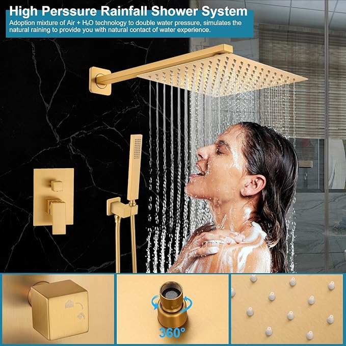 Brushed Gold Shower Faucet Set, Bathroom Rainfall Shower System Fixture 10 Inch High Pressure Square Rain Shower Head with Handheld Sprayer Combo Wall Mount with cUPC Certified Rough-in Valve