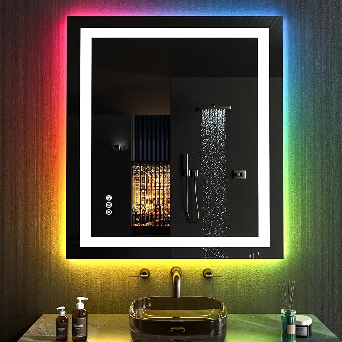 LOAAO 20"X28" RGB LED Bathroom Mirror with Lights, UL Listed | Anti-Fog, Dimmable, RGB Backlit + Front Lighted, Memory Function, Tempered Glass