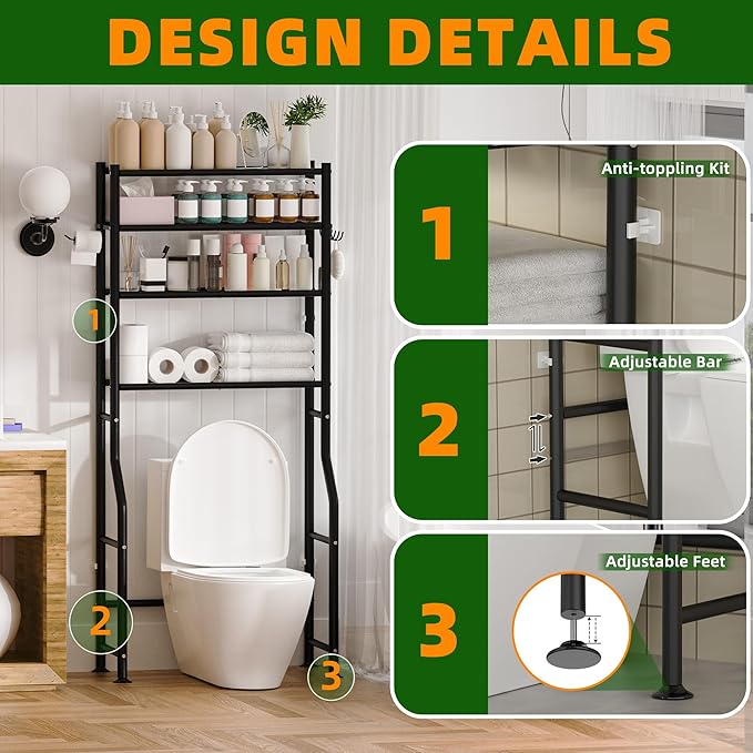 4-Tier Over Toilet Storage with Anti-Tilt Safety System - 150lb Total Capacity Metal Bathroom Shelves Including Paper Holder & 4 Hooks, Space Saving Above Commode Organizer (64" H, Black)
