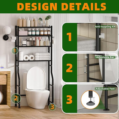 4-Tier Over Toilet Storage with Anti-Tilt Safety System - 150lb Total Capacity Metal Bathroom Shelves Including Paper Holder & 4 Hooks, Space Saving Above Commode Organizer (64" H, Black)