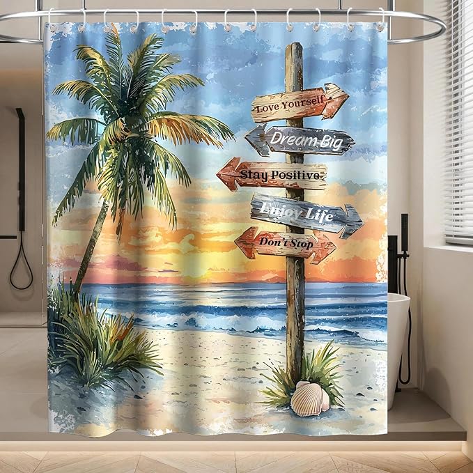 Beach Ocean Shower Curtain, Coastal Nautical Luxury Palm Tree Summer Shower Curtains for Bathroom, Waterproof Bath Curtain with Hooks Machine Washable Bathtub Curtains 72x72 Inch Colorful