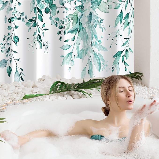 Teal Eucalyptus Shower Curtain, Watercolor Floral Print, 72x90 | Watercolor Plant Leaves Floral Print, Extra Long Waterproof Fabric Bathroom Decor, Machine Washable, Rustproof Grommets